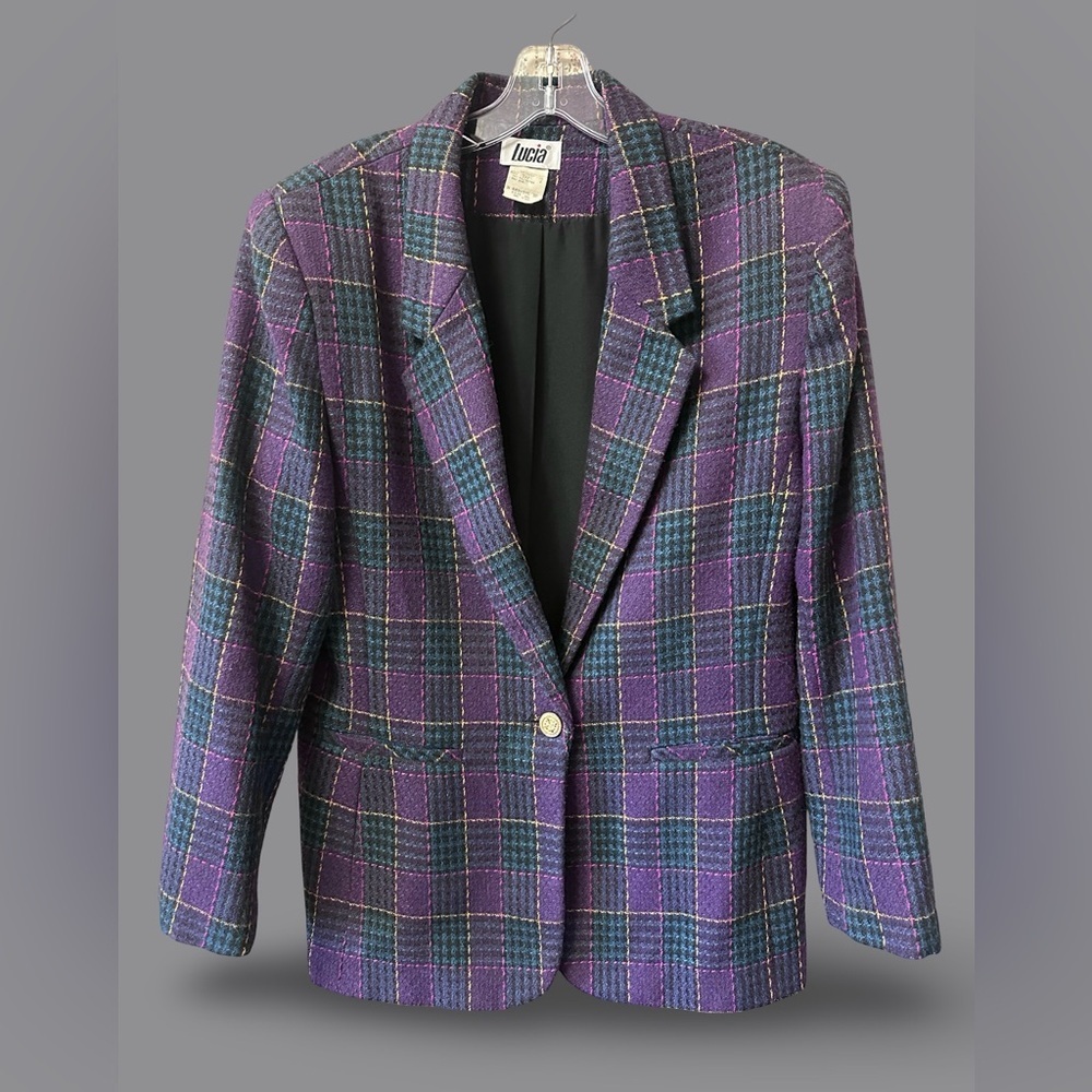 Vintage Lucia Blazer Womens 16 Purple Teal Plaid Wool Blend Made USA 80s 90s EUC